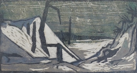 Bertil Landelius (Swedish 1912-1985), colour etching, Landscape, signed in pencil, limited edition, 10/55?, 15.5 x 24cm. Condition - fair, frame in need of repair